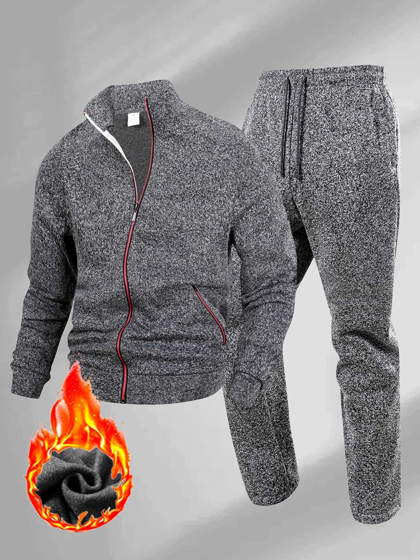 Mens Zippered Jacket and Drawstring Trousers Two-piece Sets Autumn Fitness Jogging Warm Sportswear Casual Sports Clothing Suit W251110