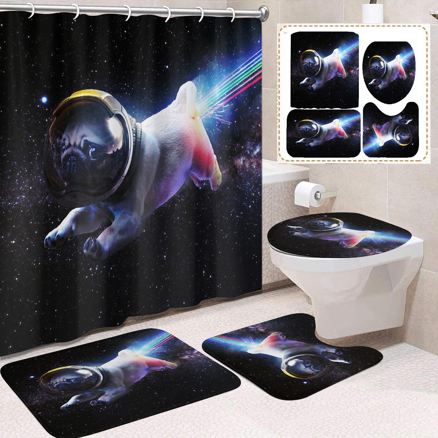 YL-37675 Black and White Cat Shower Curtain Waterproof and Mildew-proof Digital Print Shower Curtain Four-Piece Set