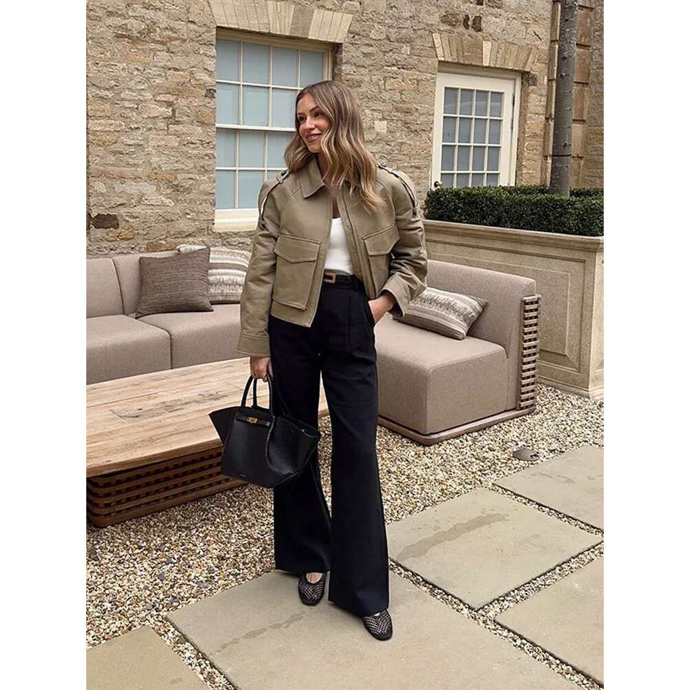 Vintage Women's Short Jacket Pockets Zipper Full Sleeve Khaki Green Thick Coats 2025 Spring Autumn Lady Loose Street Outwear