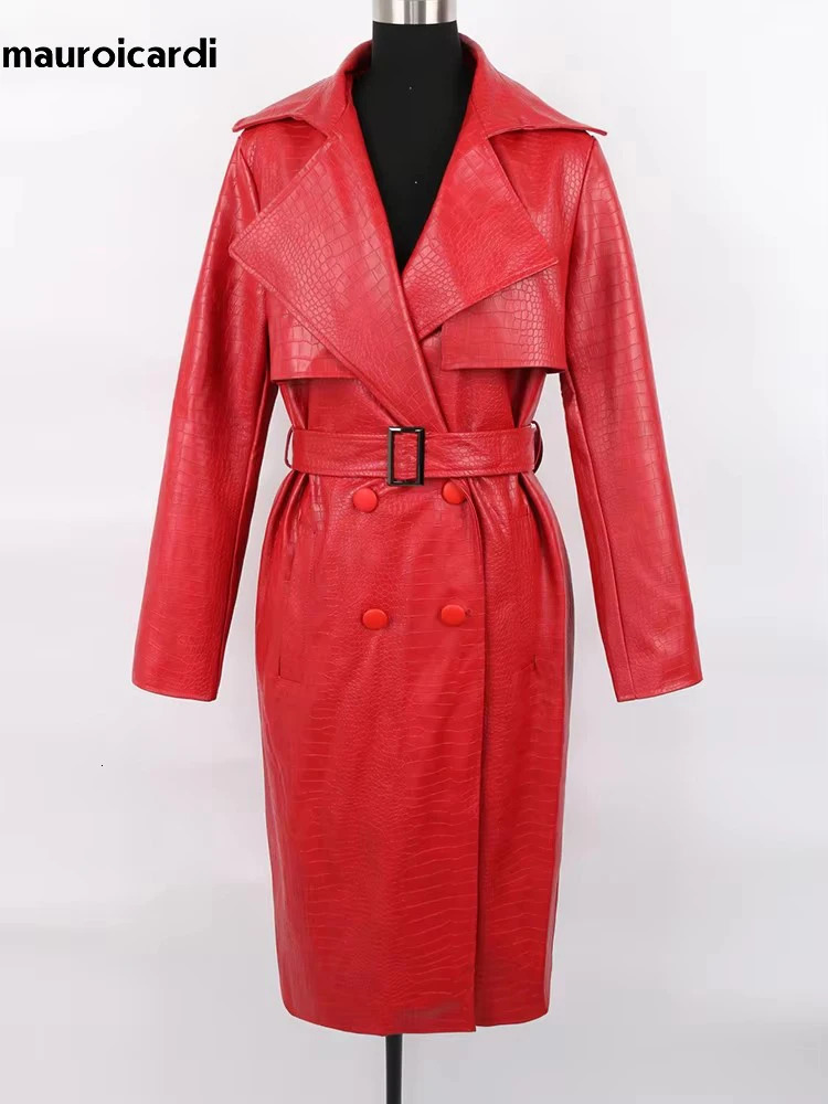 Mauroicardi Spring Long Matte Black Print Pu Leather Trench Coat for Women with Belt Loose Casual Korean Fashion 251105