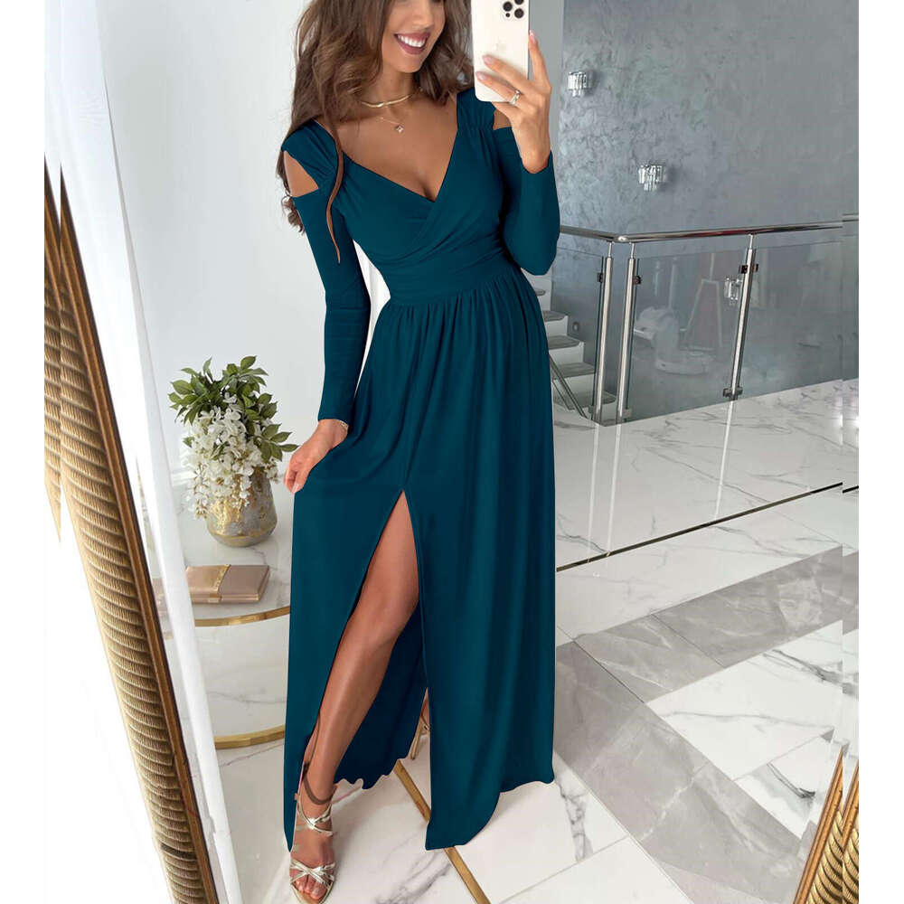 Independent Station Wish Amazon Autumn Winter New Long Sleeve V-neck Solid Color Hem Slit Dress for Women