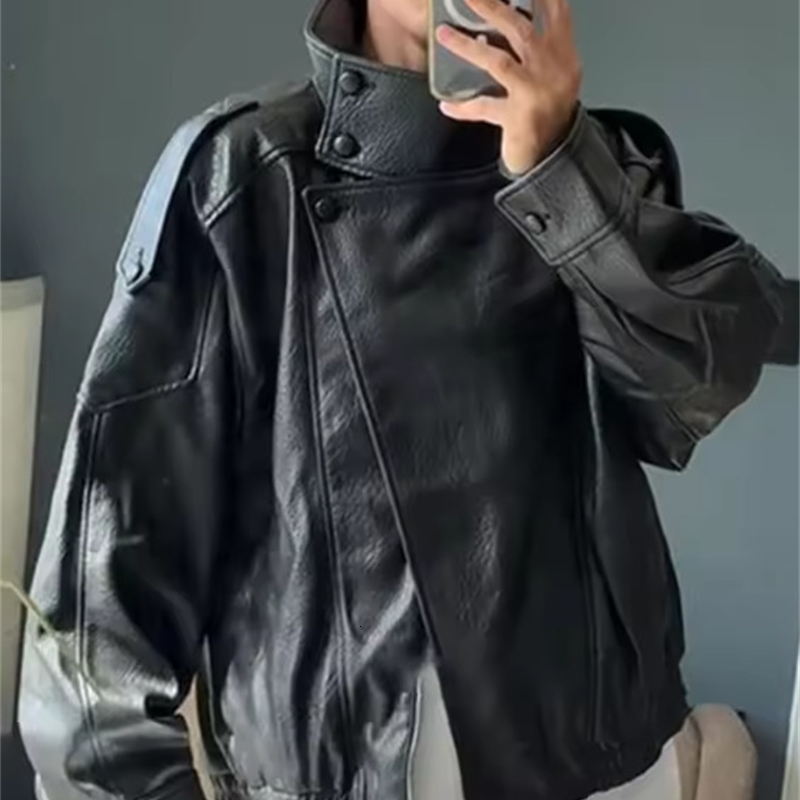 Womens Jacket Fall Black Long Sleeve Pebble Faux Leather Motorcycle Style Personality Fashion 251105