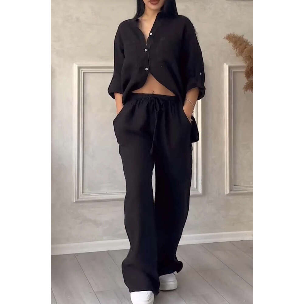 2025 New European American Cross-Border Women's Solid Color Single-Breasted Sleeve Shirt Two-Piece Set with Wide-Leg and Tie-Up Long Pants for Wo