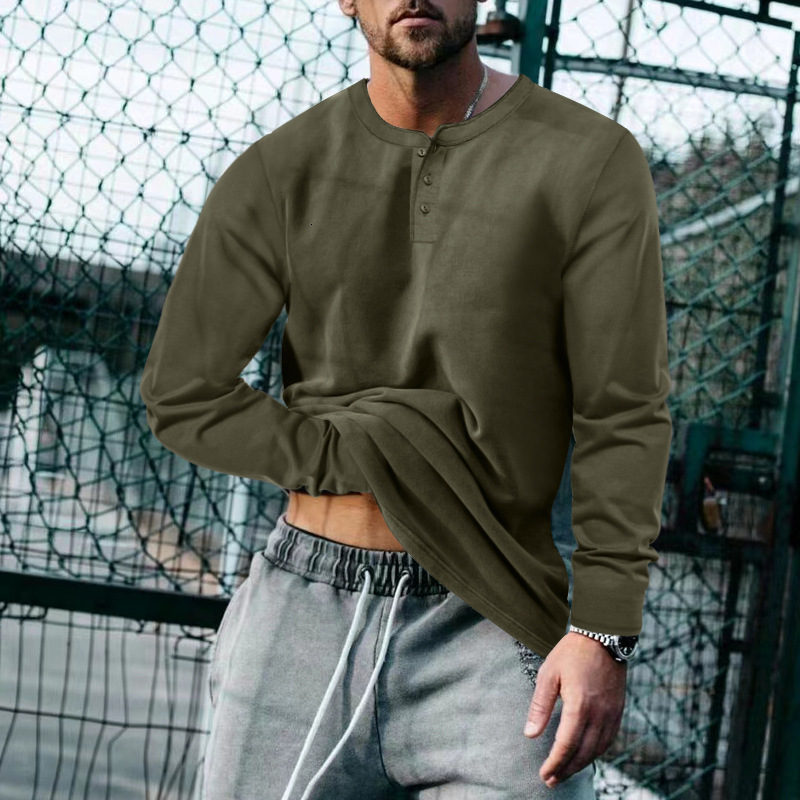 2024 mens spring and autumn round neck long sleeved T-shirt loose fitting pullover casual solid color T-shirt base shirt