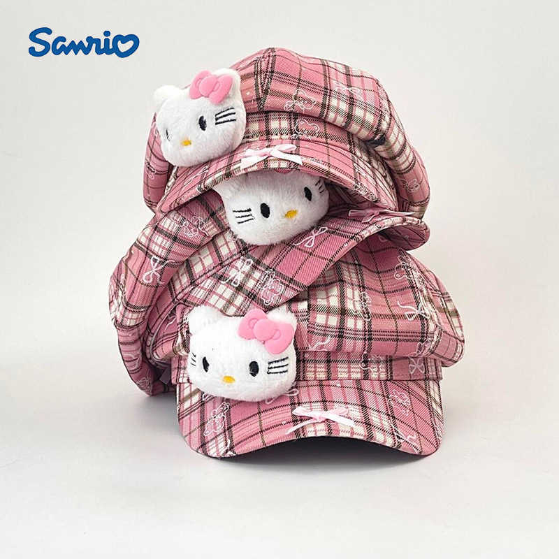 Sanrio Sweet Cute Kitty Cat Bow Plaid Beret Hat for Women Korean Style Niche Face-Slimming Pink Newsboy Hat H251110