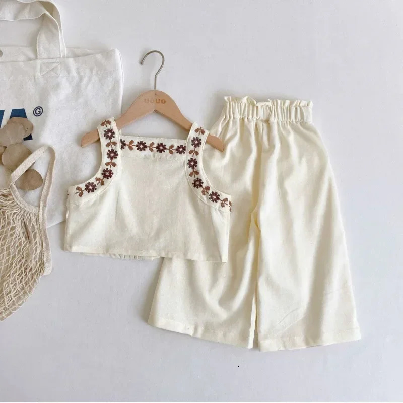 Girls clothing set summer solid color linen cotton spaghetti shoulder strap embroidery top wide leg pants 2PCS set with pants 2-7Y 250409