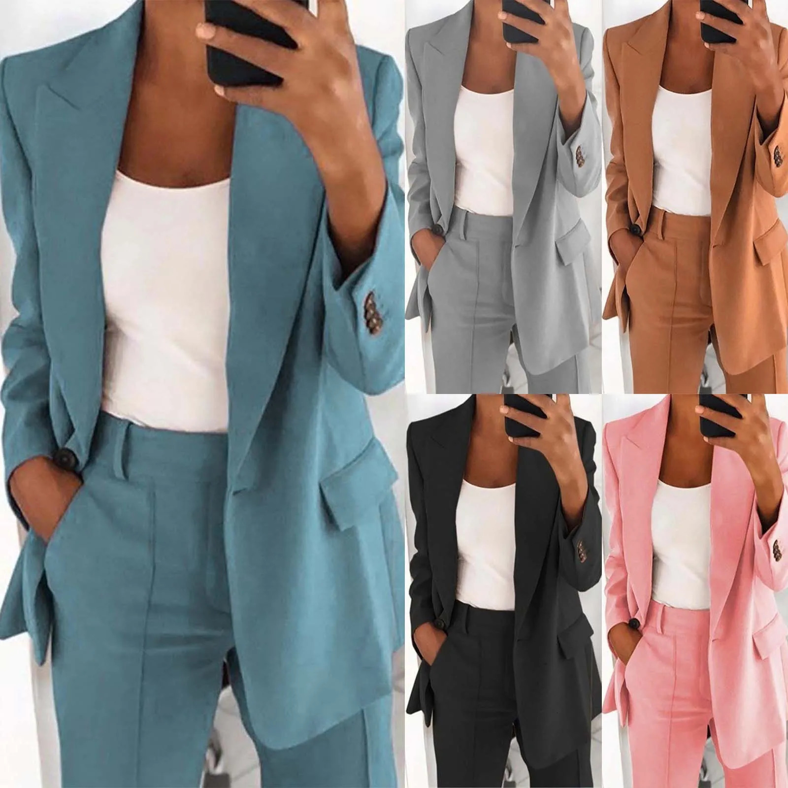 Autumn Spring Solid Blazer Coat Womens Open Skirt Button Casual Jacket Set Office 250407