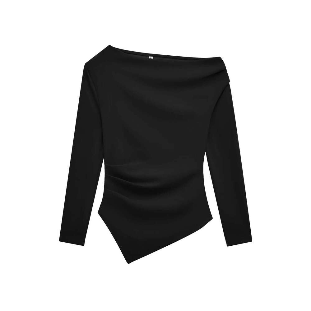 Cross-Border Foreign Trade Women's Clothing Autumn European and American Style Asymmetric Pleated Long-Sleeved Solid Color T-Shirt Top for Women