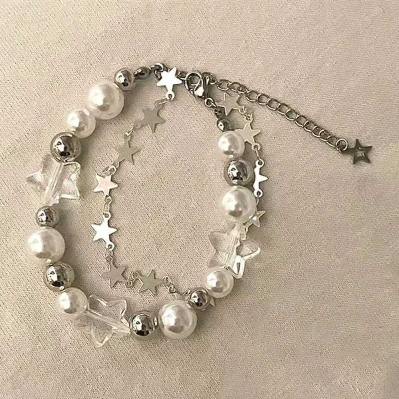 Crystal Star Pentagram Imitation Pearl Bracelet for Women Girl Vintage Aesthetic Charm Double Layer Chain Bracelet Jewelry GiftT251110