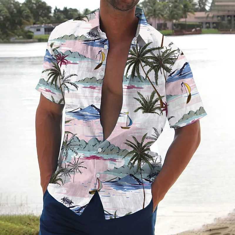 Retro mens coconut tree print short sleeved beach shirt casual mens loose mens Hawaiian shirt 2024 X250410
