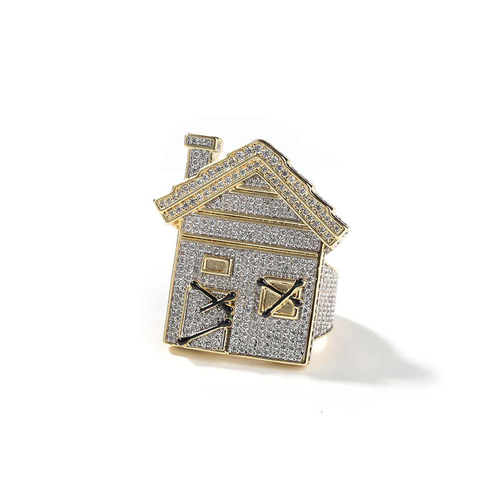 Fine Quality Trendy Niche House Finger Ring For Men Hip Hop 14k Real Gold Plated Full Iced Out Cubic Zirconia Rapper Mens Shiny Punk Rock Rings Bijoux