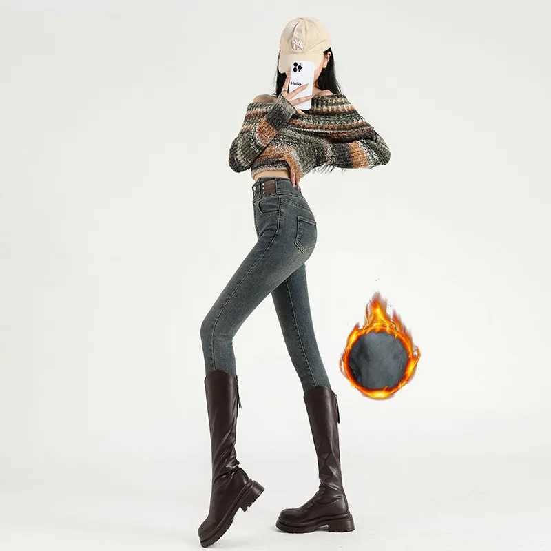 High Waist New Womens Fleece Jeans Winter Warm Thermal Slim Blue Black Fashionable Casual Velvet Elastic Pencil Denim Trousers C251110