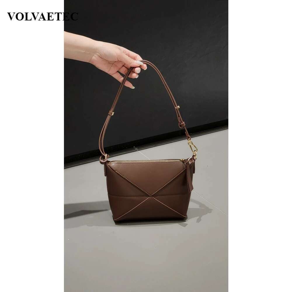 VOAETEC Cowhide Shoulder Crossbody Underarm Small Folding Niche Design Advanced Commuter Geometric Leather Bag Women