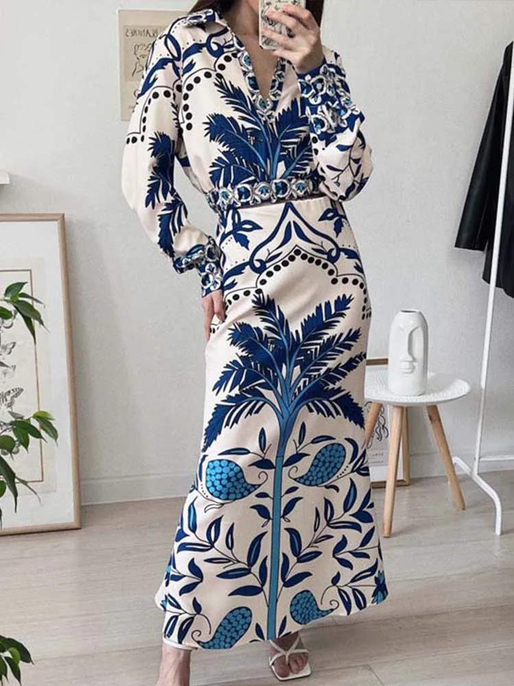 Womens Fashion Printed Midi Ski Set 2piece Long Sleeve Top Retro Casual 250410