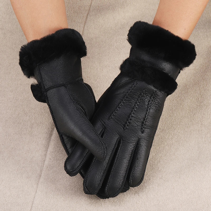 Genuine Sheepskin Leather Gloves For Women Winter Warm Thick Wool Lined Driving Motorcycle Gloves 251106