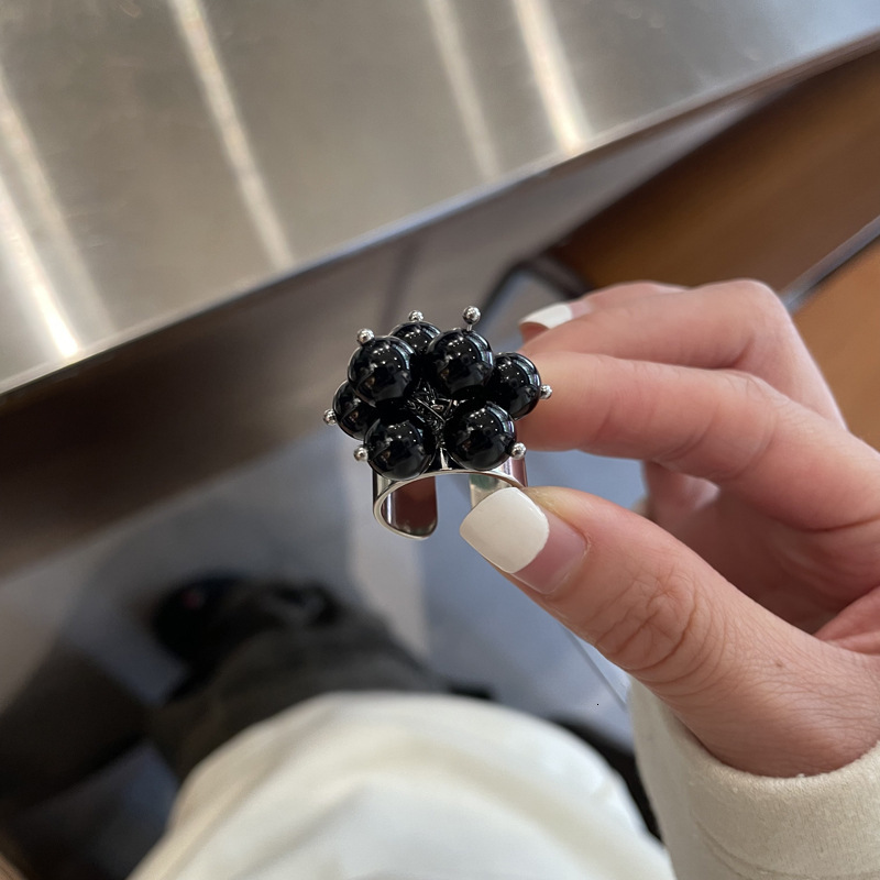 Handmade Designer Ring Natural Stone Black Agate Tiger Eye Stone Beaded Ring Fashion Ring Niche Exaggerated High-end Open Index Finger Ring