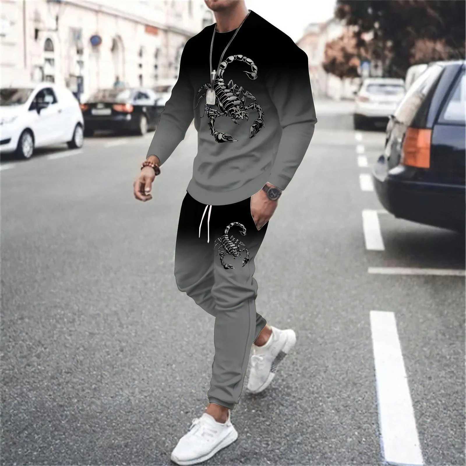 Mens Scorpion Pattern Tracksuits Autumn 2PCS Sets Long Sleeve Crewneck Loose T-shirt Pants Suits Sweatshirt Sports Trousers W251110