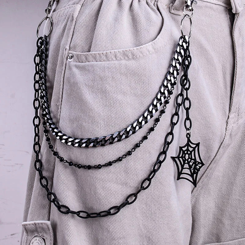Halloween Gift Keychain Fashion Punk Black Metal Pants Chain Hip Hop Spider Web Pendant Jeans Mens and Womens Accessories 250410