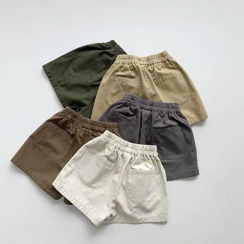 2025 Summer New Childrens Loose Shorts Solid Retro Girls Casual Shorts Baby Boys Casual Pocket Shorts Childrens Clothing Z250410