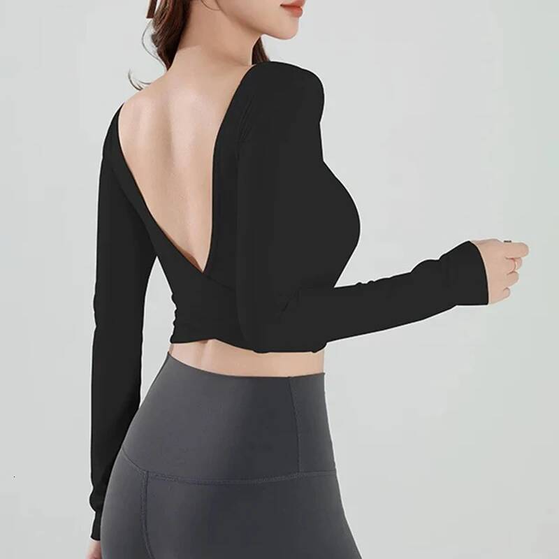 Women's Long Sleeve Yoga Cross Back Fitness Exercise Suit Fixed Chest Cushion Comfortable Sports Bra Top