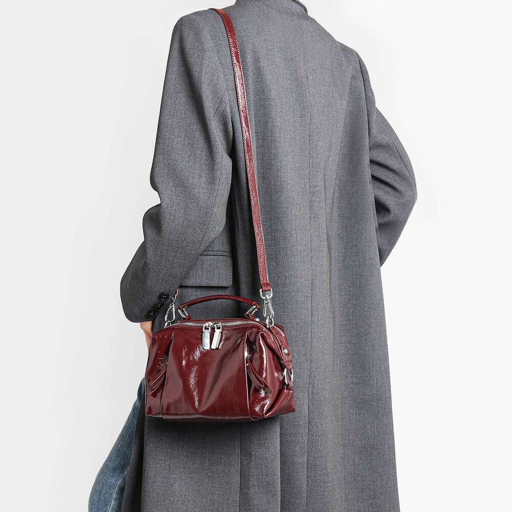 Women's Black Genuine Tote Bag Glossy Full-Grain Crossbody/Handbag With Golden-Tone Hardware, Zipper Closure & Strap - Elegant, Formal, Everyday 