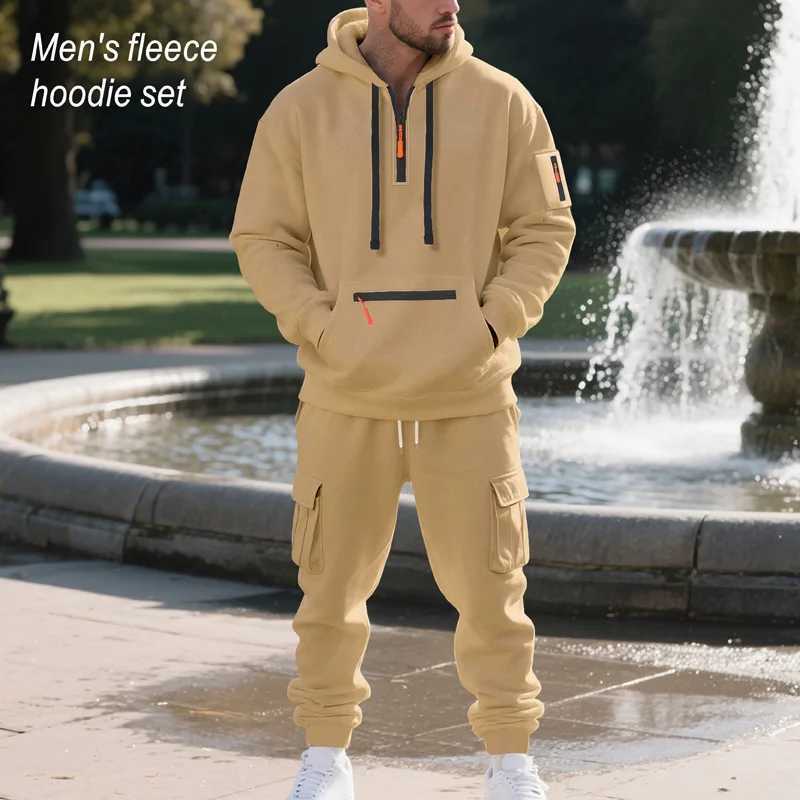 Mens Fleece Tracksuit Half-Zip Hooded Sweatshirt Set Drawstring Waist Multi-Pockets for autumn and winter Casual Outdoor Home W251110
