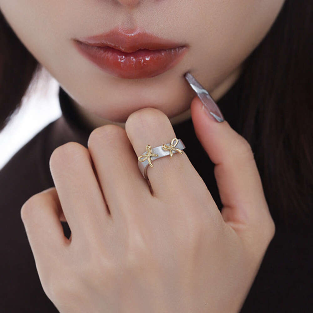 Brushed Gold and Silver Color-Block Bowknot for Women, Ins Style, Minimalist Luxury, High-End Niche Design, Unique Ring
