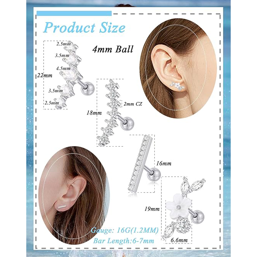 9 Pcs Cartilage CZ Stud Earrings Conch Forward Helix Tragus Daith Piercing Lip Rings Snake Heart Butterfly Jewelry for Women Men 16G Silver Tone