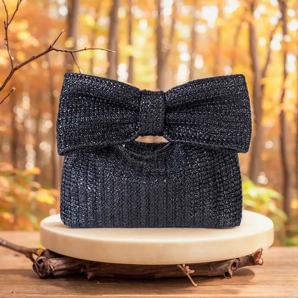 Women Straw Evening Bag Zipper Closure with Bow Simple Clutch Purse Versatile Female Party Wedding Bag 251107