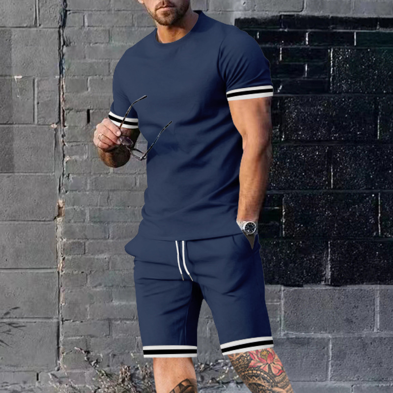 Summer mens short sleeved T-shirt round neck set sports mens casual short sleeved shorts