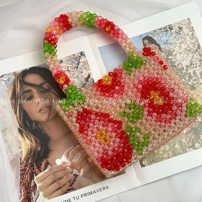 Pearl Beaded Bag With Wer Pattern Designer Brand Clear Acrylic Stone Box Tote Handbag Summer Fashion Handmade Party Purse
