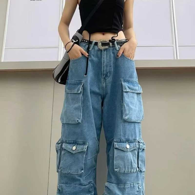 Trendy Womens Denim Workwear Street Style Black Grey Multi-Pocket Jeans American Casual High-Waist Functional Design C251110