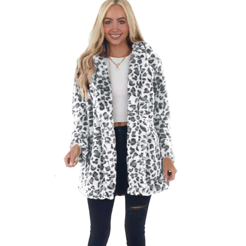 European and American Cross-Border Autumn Winter Leopard Print Faux Fur Women's Fashionable Elegant Side Pocket Loose Furry Coat