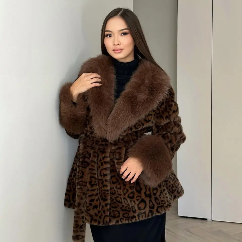 y Leopard Print Faux Fur Jacket Women Lapel Vneck Full Sleeve Lace Up Loose Warm Jackets Lady Winter Daily Street Coat 251110