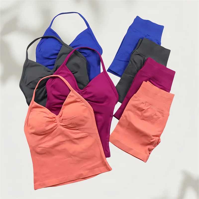 2-piece womens yoga set seamless impact long line shoulder strap vest top pleated sports shorts gym clothing womens summer exercise setXJ250410