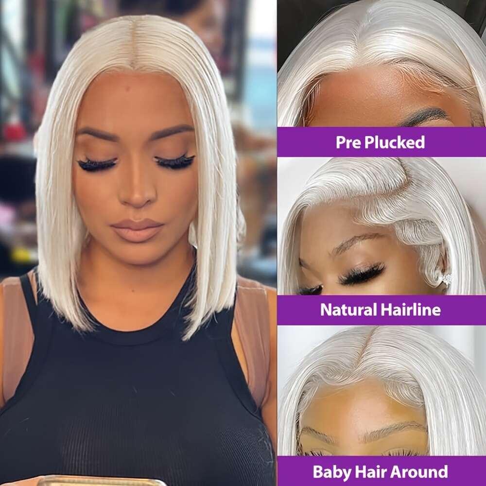 Platinum Ice Blonde Short Bob 100% Human Front Wig Pre Plucked Straight Pixie Cut High Density Elsa White Color Brazilian Remy Hair Lace Frontal Wigs 