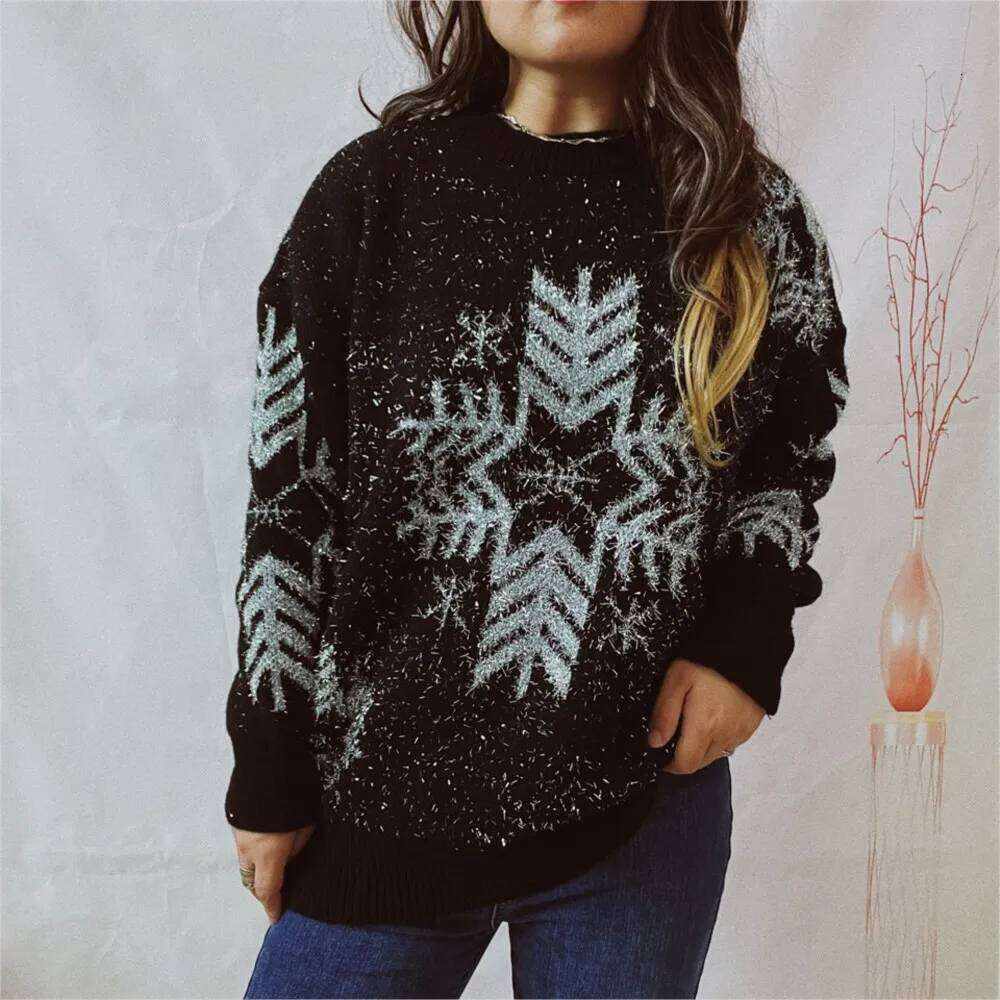 Loose Gold Thread Big Snowflake Christmas Sweater Round Neck Long Sleeve Thickened Pullover For Women Casual Trendy Pulls Femmes Designer Sweater Wome
