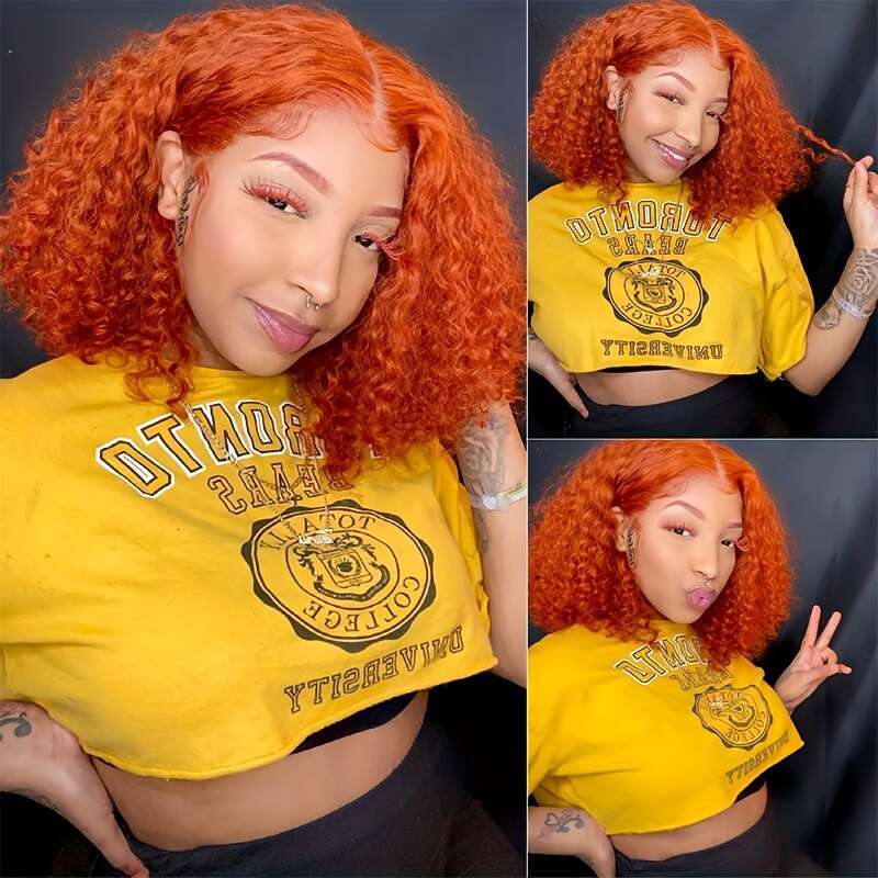 Curly 13X4 Hd Wigs Human Ginger Orange Colored 200 Ensity Deep Wave Bob Lace Front Wig Pre Plucked With Baby Hair