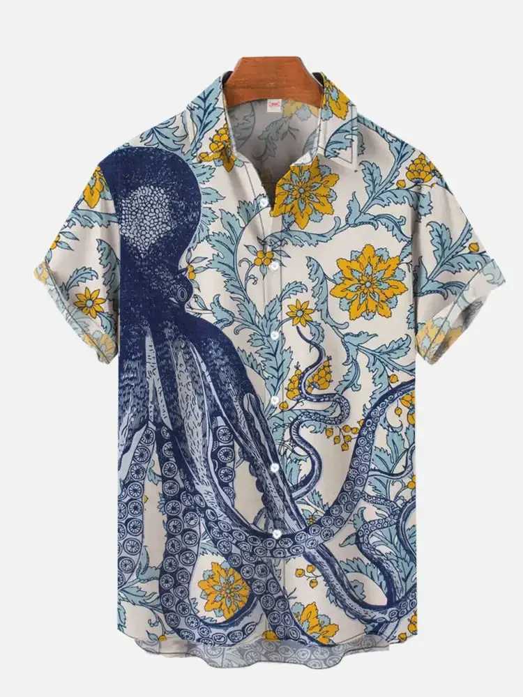 Summer mens octopus print shirt short sleeved Hawaiian beach animal cartoon pattern casual shirt X250410
