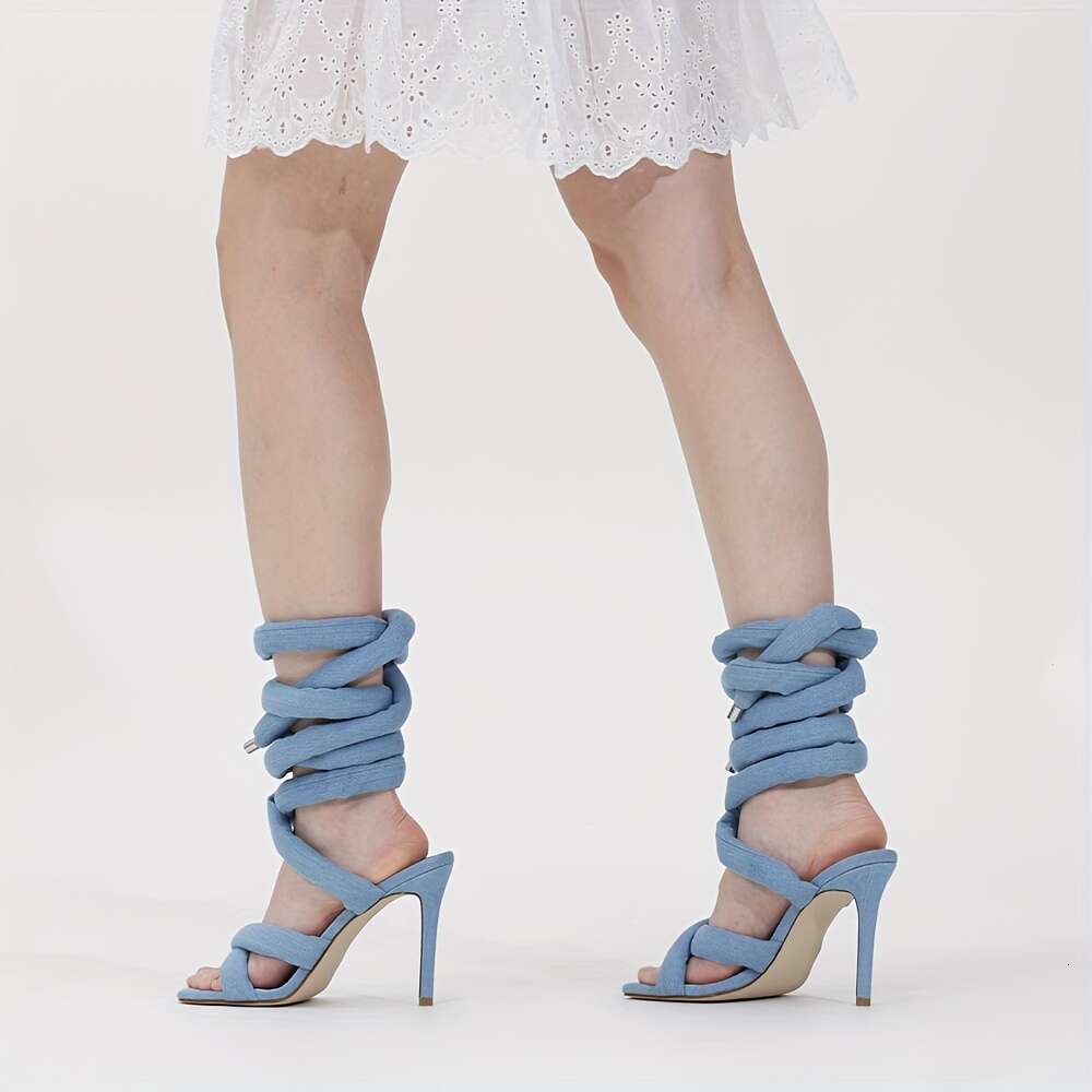 Elegant Sexy Gray Knitted With Adjustable Ankle Tie Rope Straps, Square Toe & Breathable PU Cover - Open-Toe Summer High Women, Perfect For Any Occasi