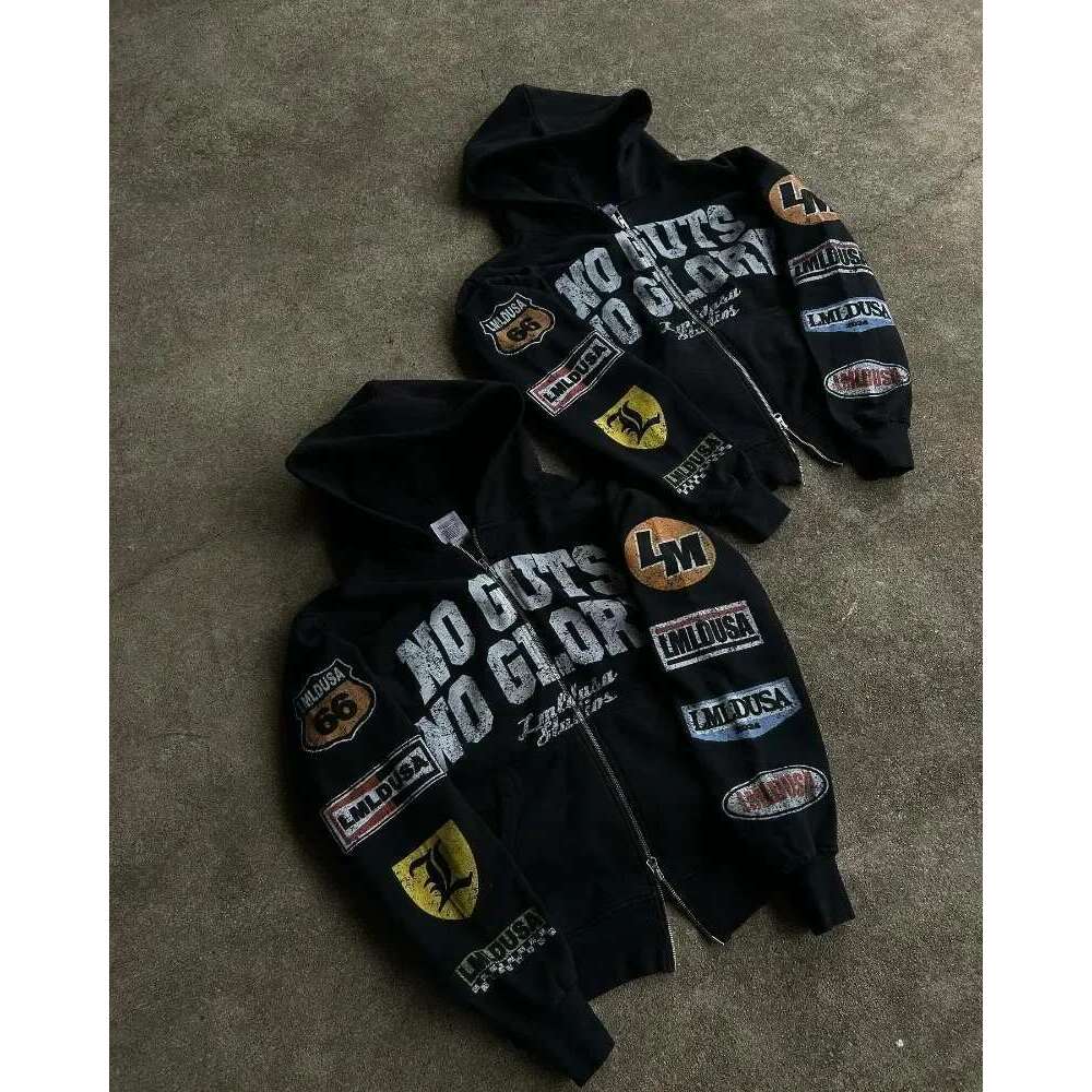 New Motorcycle Style Haruku Letter Printed Hoodie Retro Gothic High Street Men And Women Casual Loose Sweatshirt