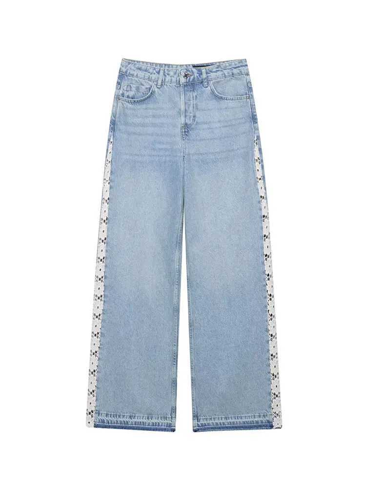 HH Women Fashion Side Lace Hollow Out Patchwork Jeans High Waist Wide Leg Denim Pants Autumn High Street Lady Trouser Jeans C251110