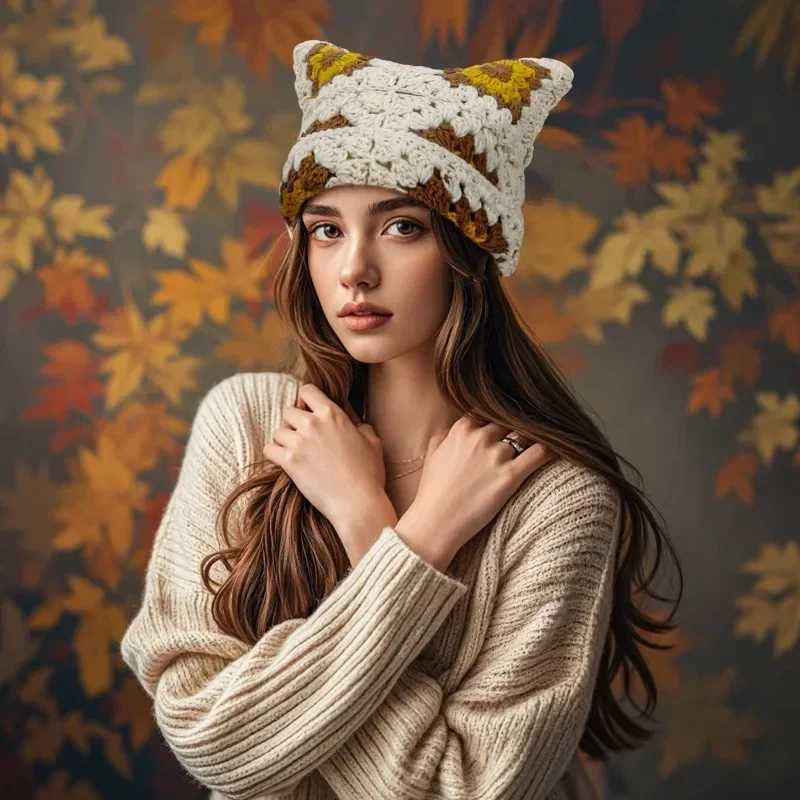 Japanese Autumn and Winter Cute Cat Ears Pullover Hat Hand-crocheted Grandmother Grid Hollow Trend Skull Beanie Cap for WomensXJ251110