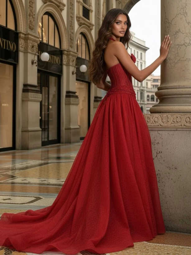ElegantSatin A-line Party Dresses Red Sequin Spaghetti Strap Backless Floor-Length Prom Dress Women Bride Gown