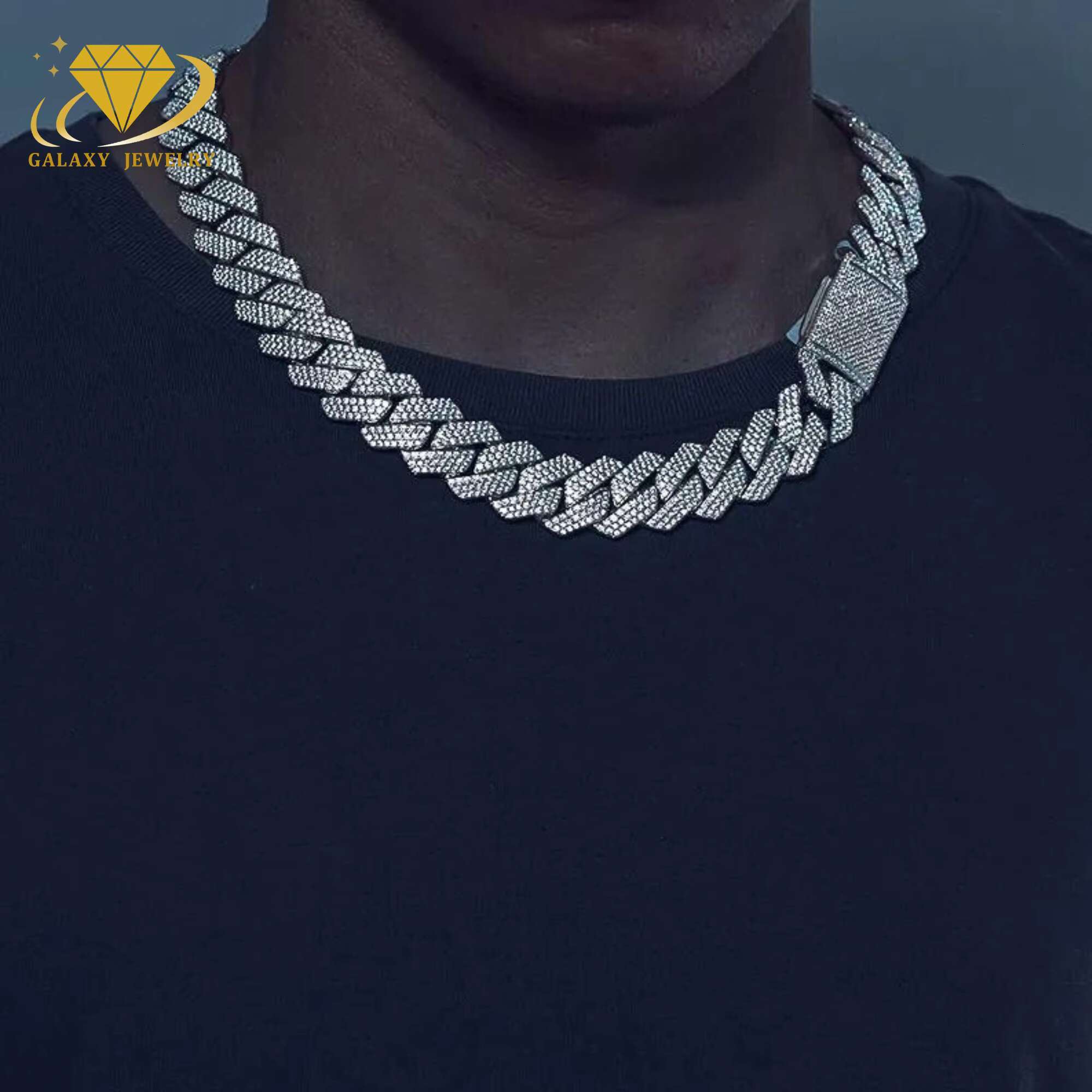 Hip Hop 3 Rows Iced Out Moissanite Diamond 925 Sterling Silver Bracelet Round Cut Prong 20mm Moissanite Cuban Chain Necklace