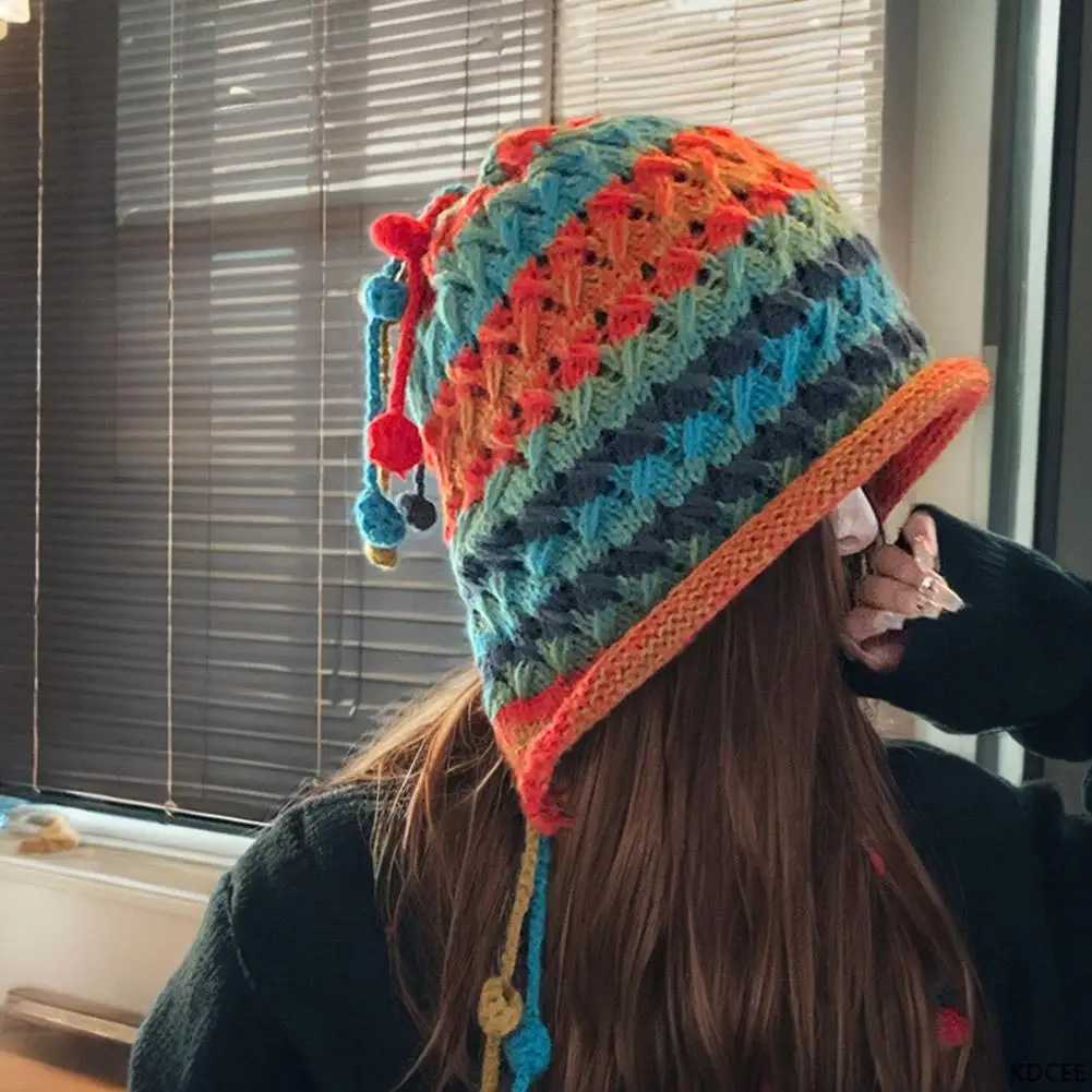 2025 Colorful Rainbow Winter Warm Striped Knit Wool Beanie Hat For Women Crochet Ear Female Girl Snow Windproof BonnetXJ251110