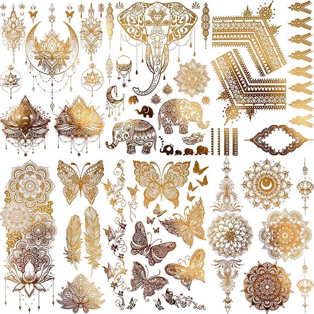 Real Elephant Moon Temporary Tattoo Female Fake Butterfly Lace Mandala Tattoo Sticker Gold Waterproof Chest Tattoo W250410