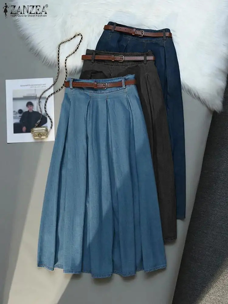 ZANZEA Womens Retro Cowboy Skirt Korean Fashion Elastic Waist Overskirts Autumn Fold Maxi Jupe Casual Loose Solid Faldas 250410