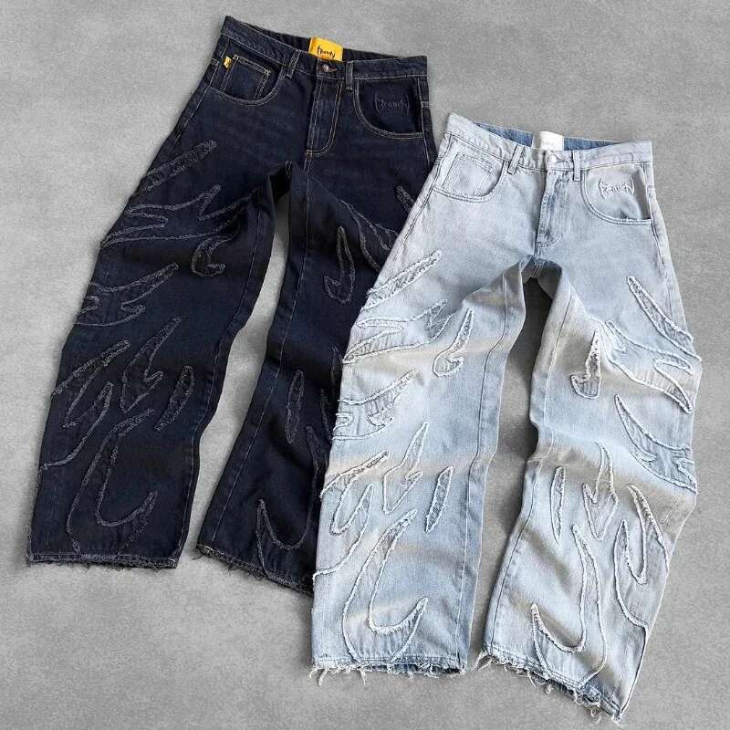 Y2k Baggy Jeans Gothic Retro Patchwork Embroidery Wide Leg Pants High Quality Fashionable American Men Women Hip Hop Street Wear