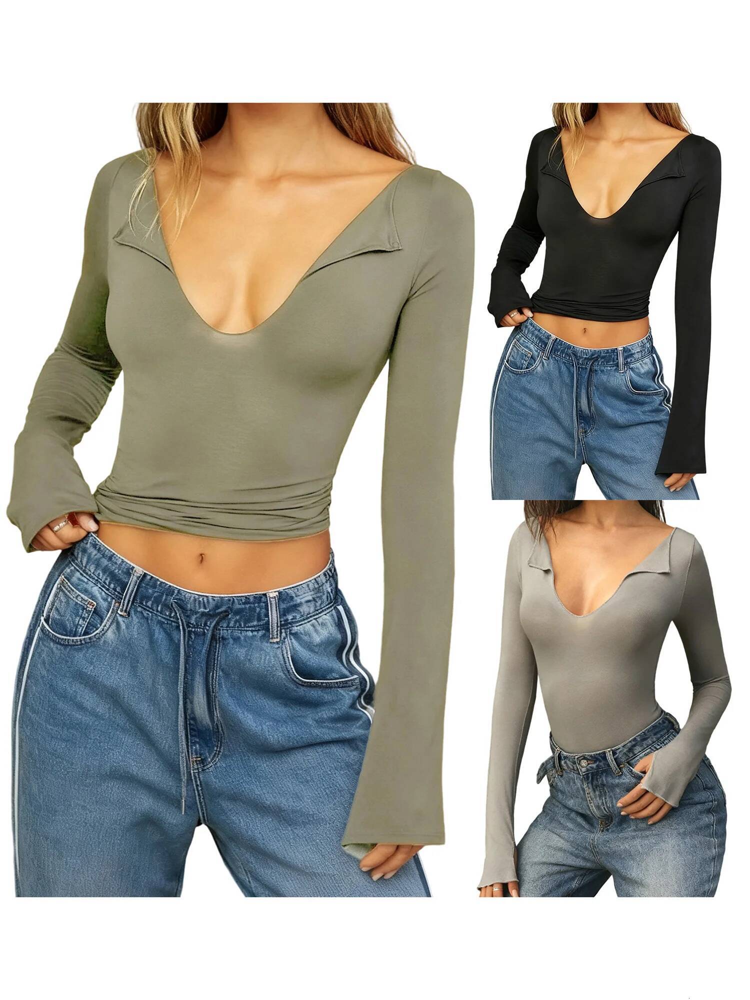 Womens Long Sleeve Tops V Neck Casual Fashion Solid Color Flim Fitted Base Layer Shirts for Yoga Gym